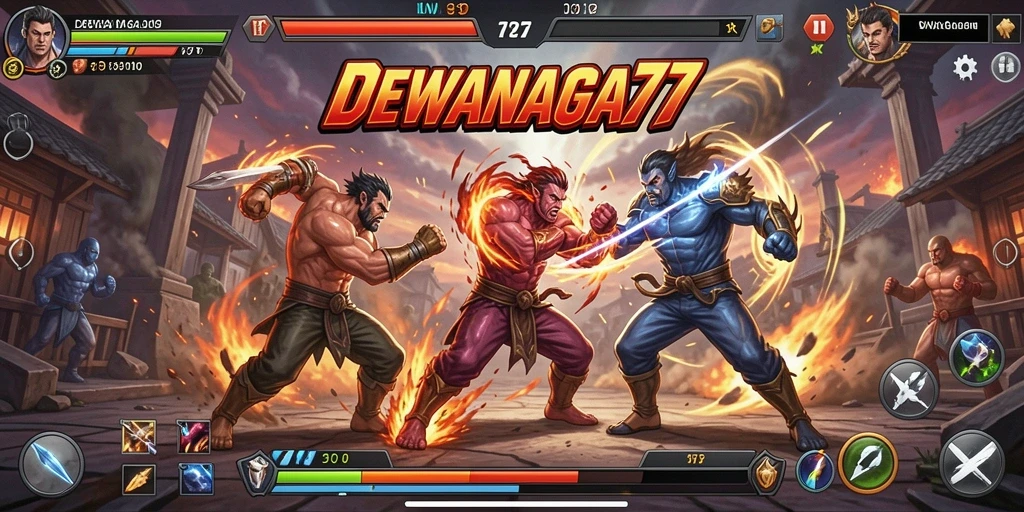Tangkapan layar <strong>DEWANAGA77</strong> menunjukkan pertarungan seru antara karakter di arena.
